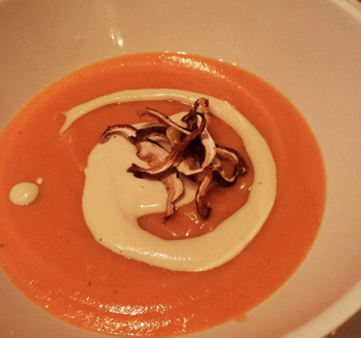 ROASTED CARROT AND CUMIN SOUP WITH SHIITAKE BACON